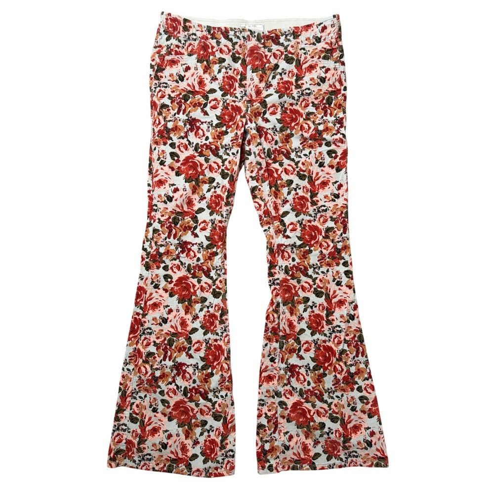 Free People Pants Womens 32 Flare Corduroy Light Blue Red Floral Rose OB840602